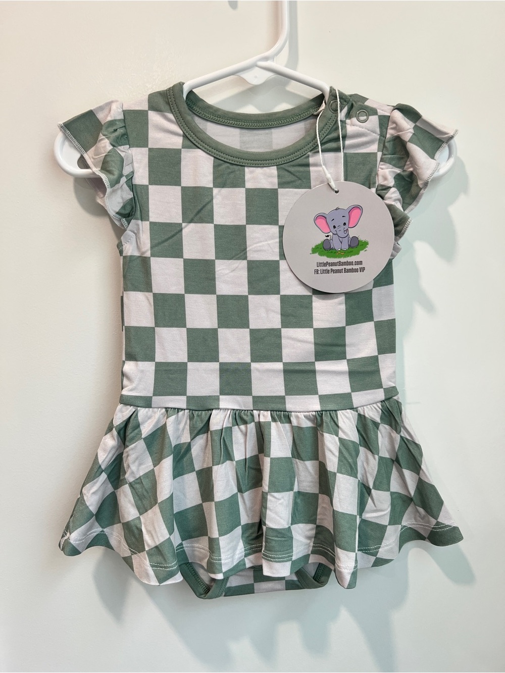 Little Peanut Bamboo Sage Green Checkered Ruffle Bubble Dress Bodysuit 6-12M NWT
